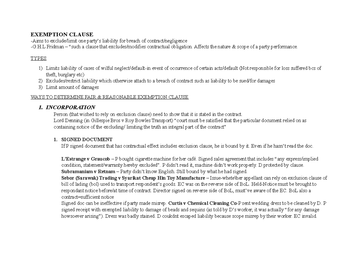 Exclusion Clause - This is a self-made note for the purpose of final ...