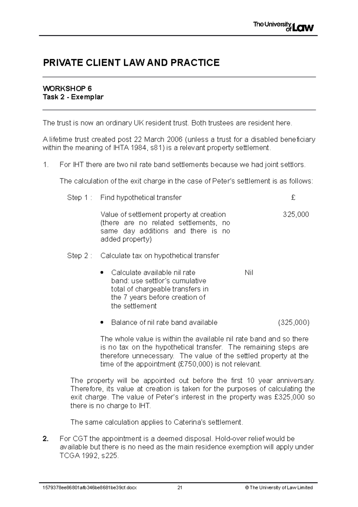 1920 priv ws06 ce02 task 02 exemplar - PRIVATE CLIENT LAW AND PRACTICE ...