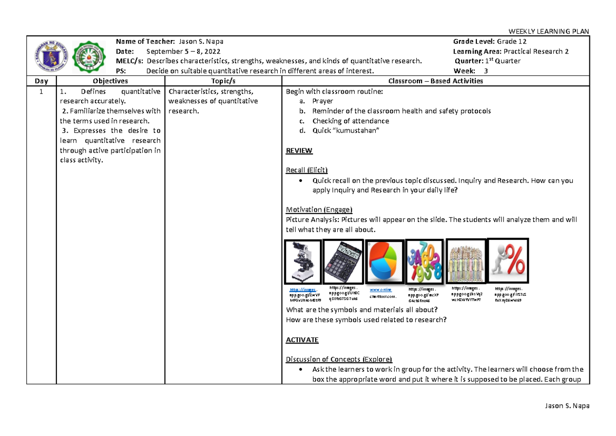 September 5 - 8, 2022 Raiseplus WEEK 3 - PR 2 - Name of Teacher: Jason ...