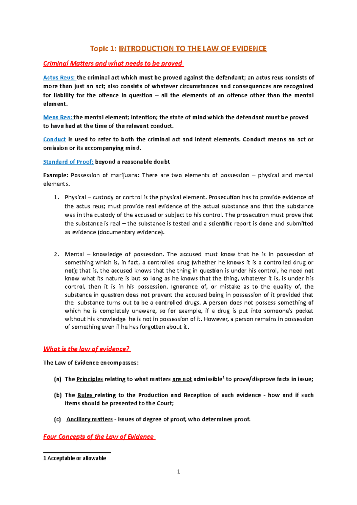 Law Of Evidence Notes - Topic 1: INTRODUCTION TO THE LAW OF EVIDENCE ...