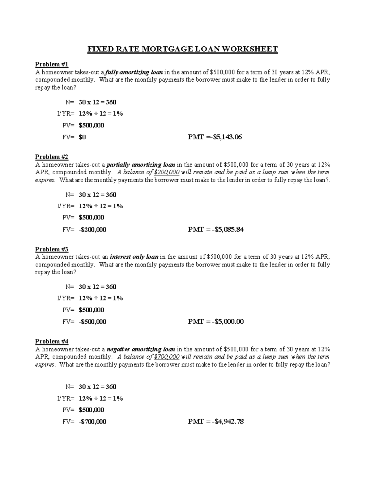 Fixed Rate Mortgage Loan Worksheet Studocu