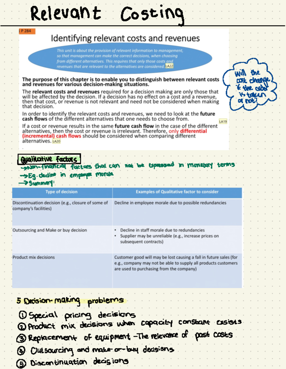 12. Relevant Costing Notes - Relevant Costing WI ll the irocost change ...