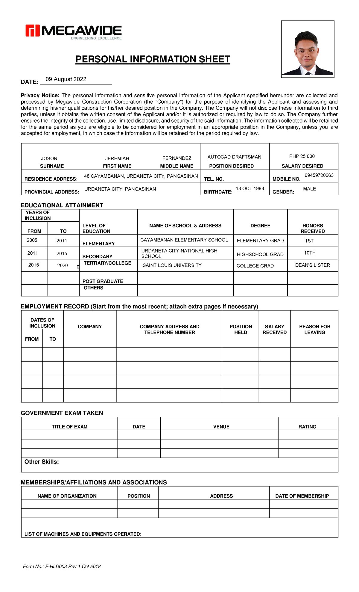 EPC. HRA. Personal Information Sheet - PERSONAL INFORMATION SHEET DATE