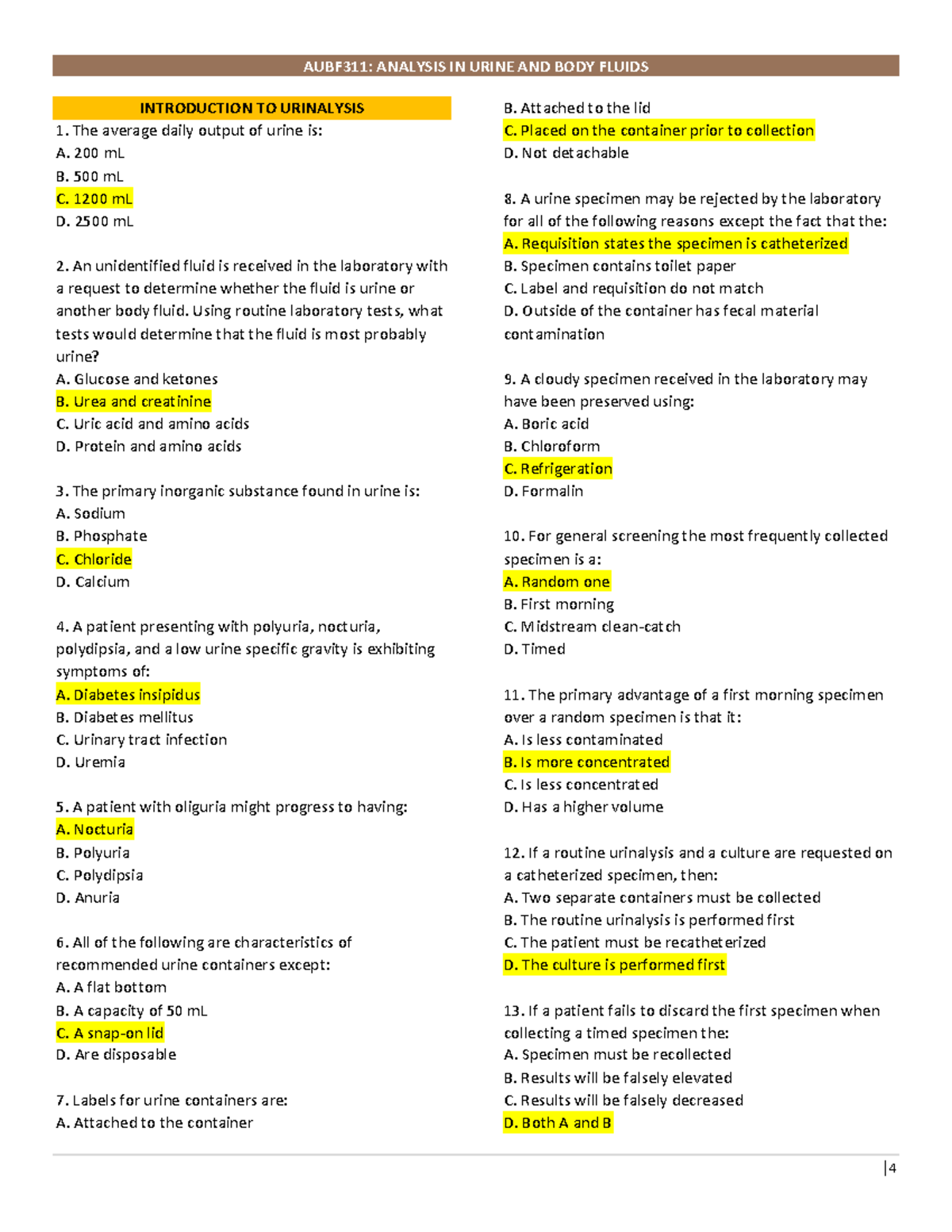 AUBF Study Questions Strasinger 6th Ed. - INTRODUCTION TO URINALYSIS ...