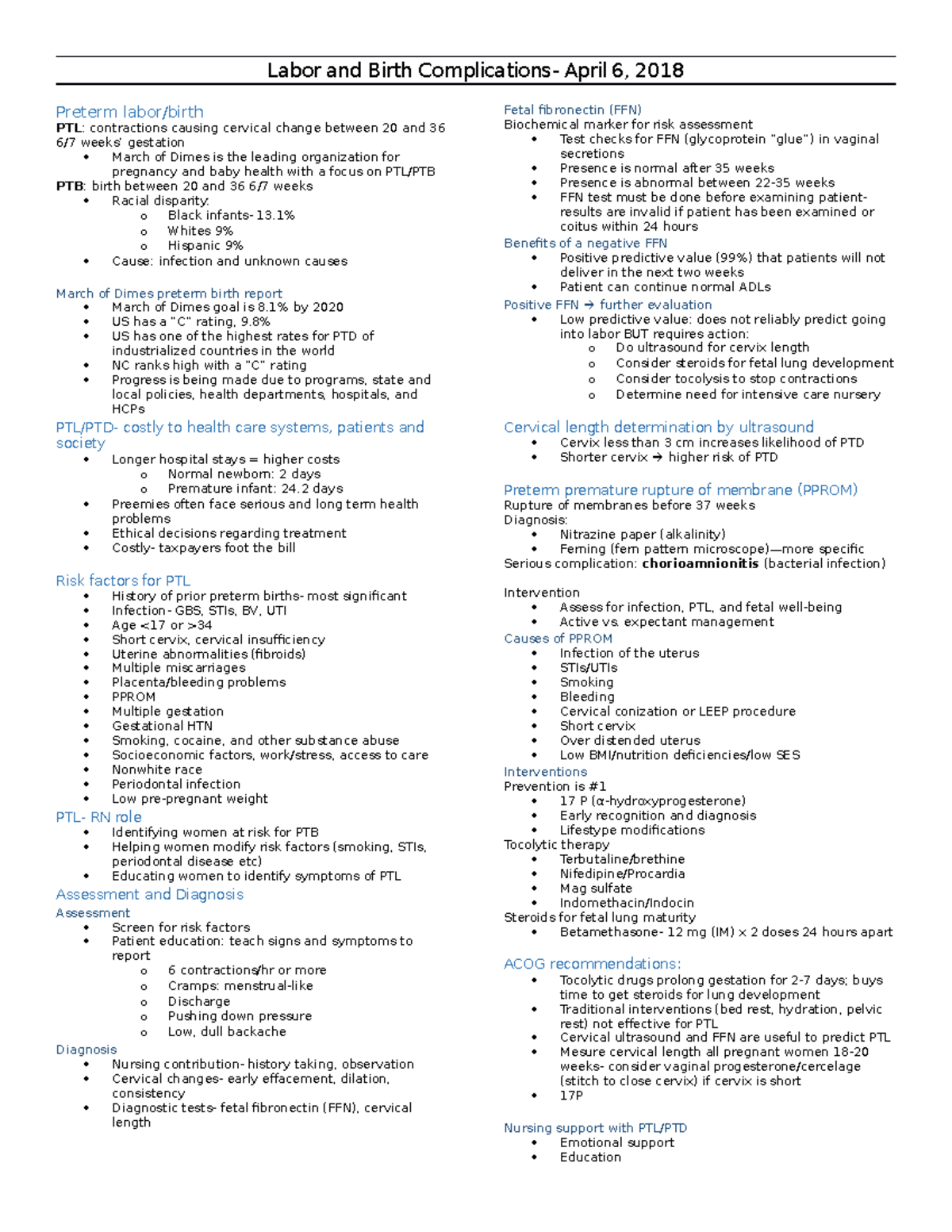 Notes for exam 3 - Labor and Birth Complications- April 6, 2018 Preterm ...
