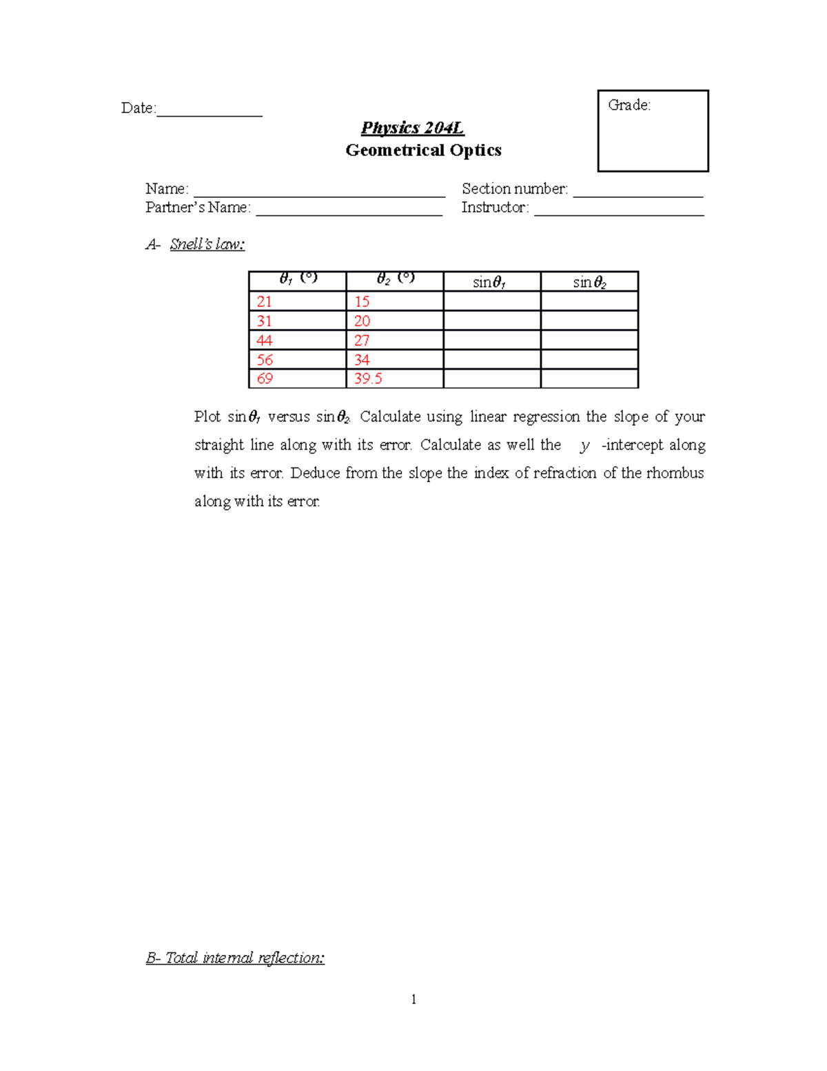 Geometrical optics Practice exercises for physics 204. Date