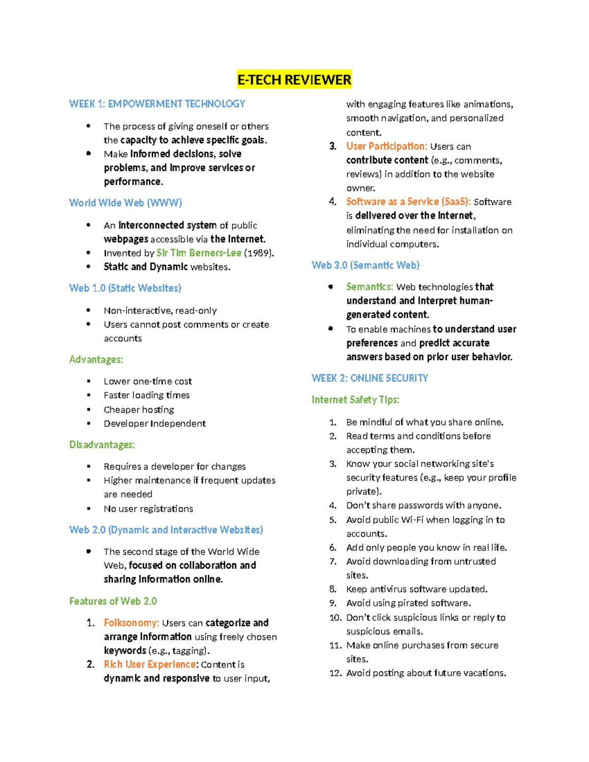 E-TECH Reviewer - E-TECH REVIEWER WEEK 1: EMPOWERMENT TECHNOLOGY The ...