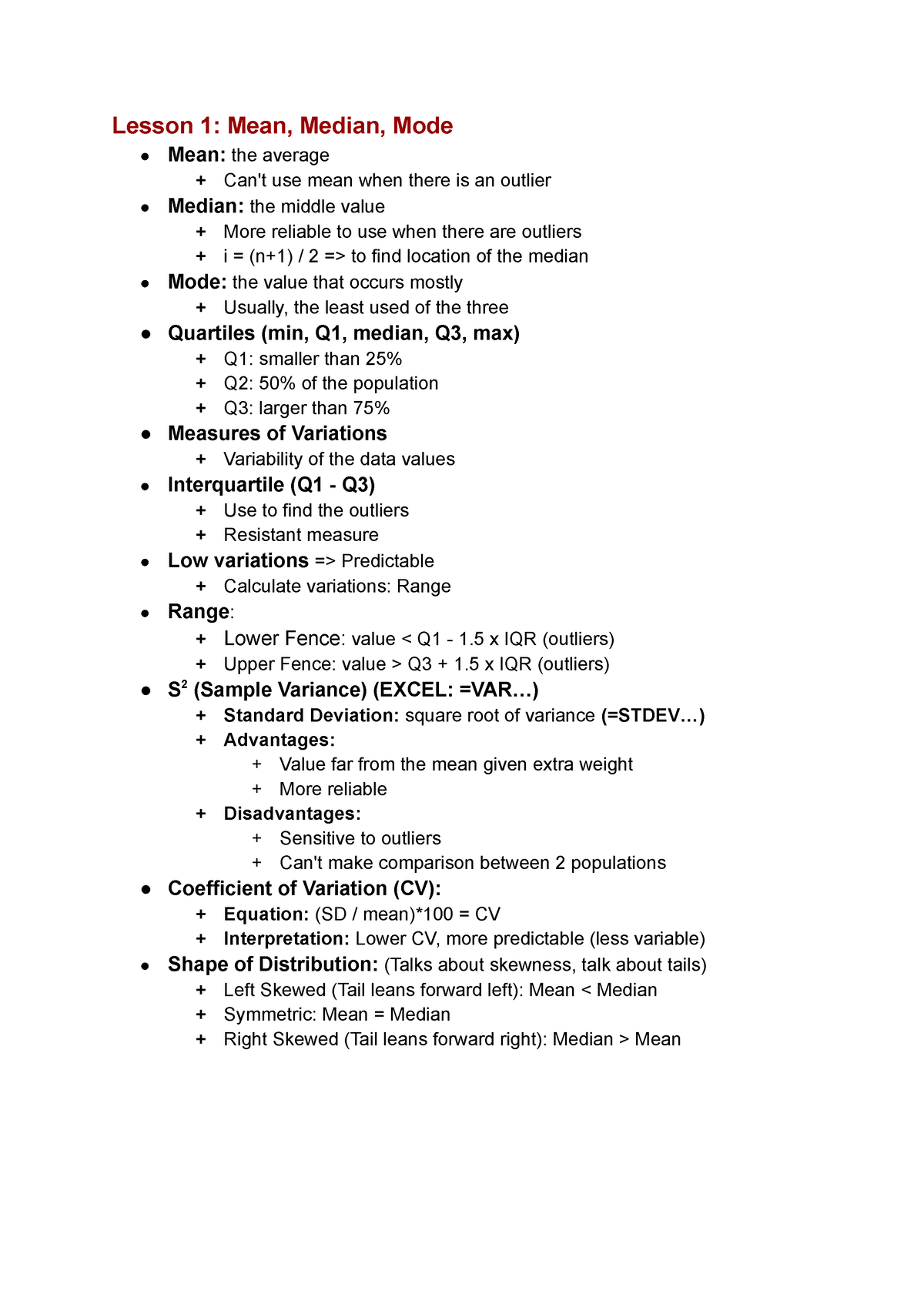 Bstat Notes - Lesson 1: Mean, Median, Mode Mean: The Average Can't Use ...