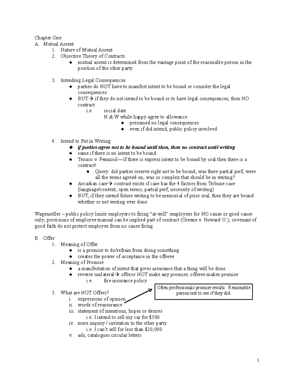 Contracts Law Outline - 1 - Chapter One A. Mutual Assent 1. Nature Of ...