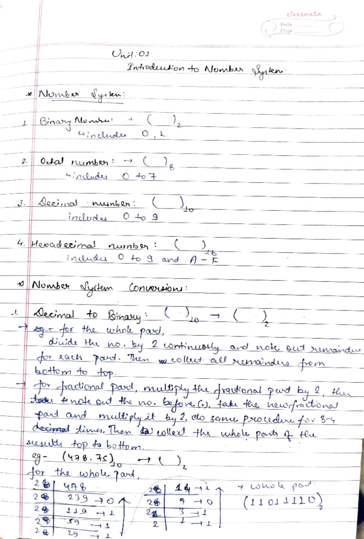 COA notes - classmate Date Page Unit:01 Introduction to Number System ...
