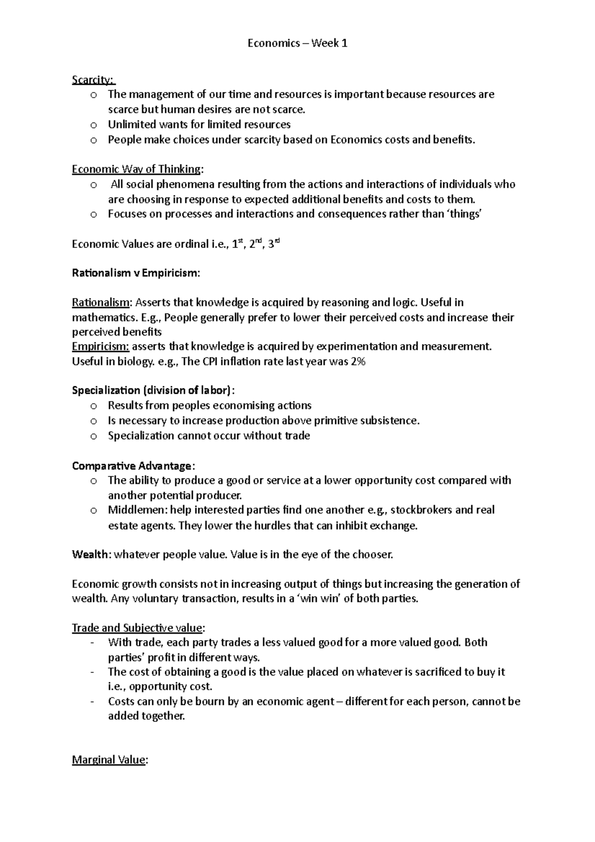 Week 1 - Eco - Lecture 1 Notes - Scarcity: o The management of our time ...