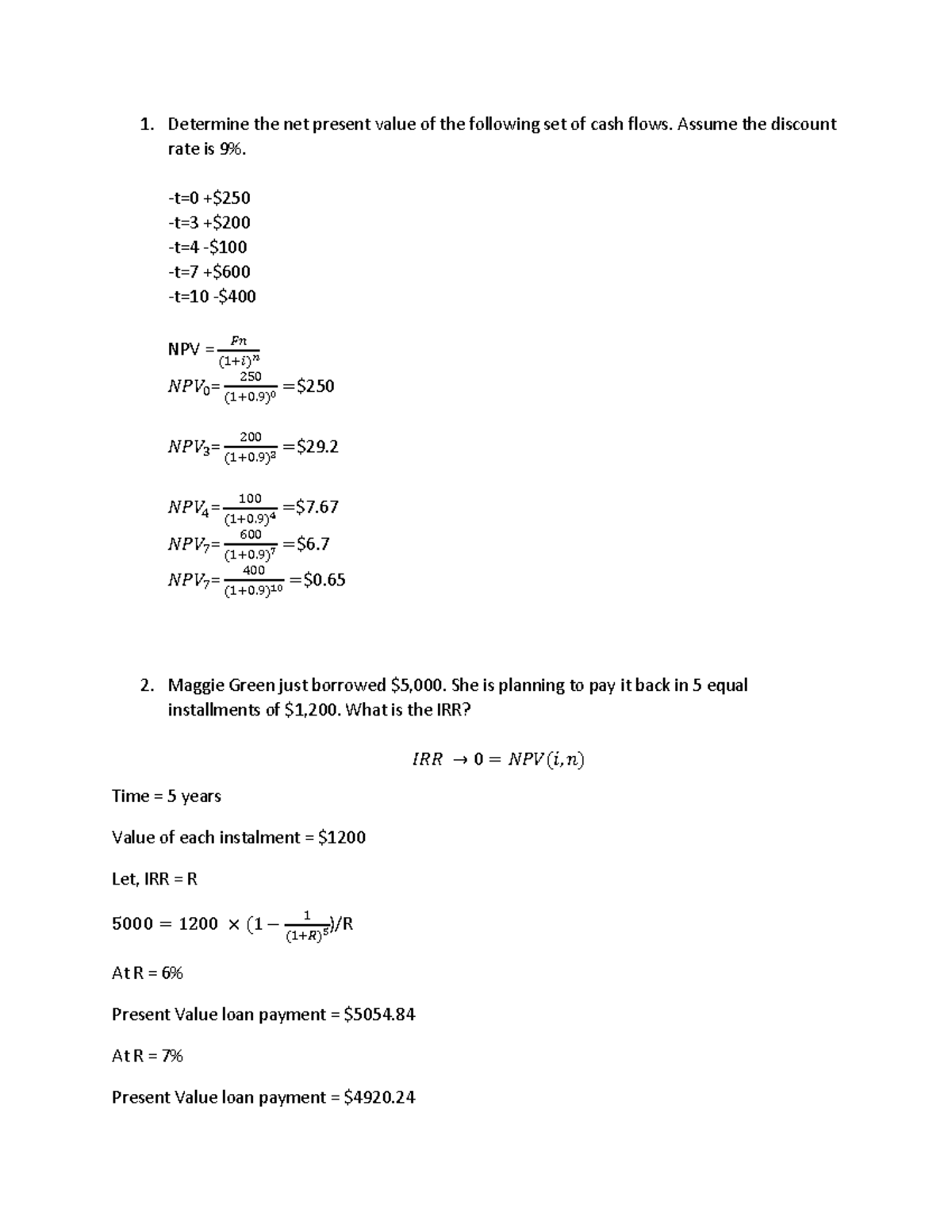 Economic Take-Home Problems Solutions - 1. Determine the net present ...