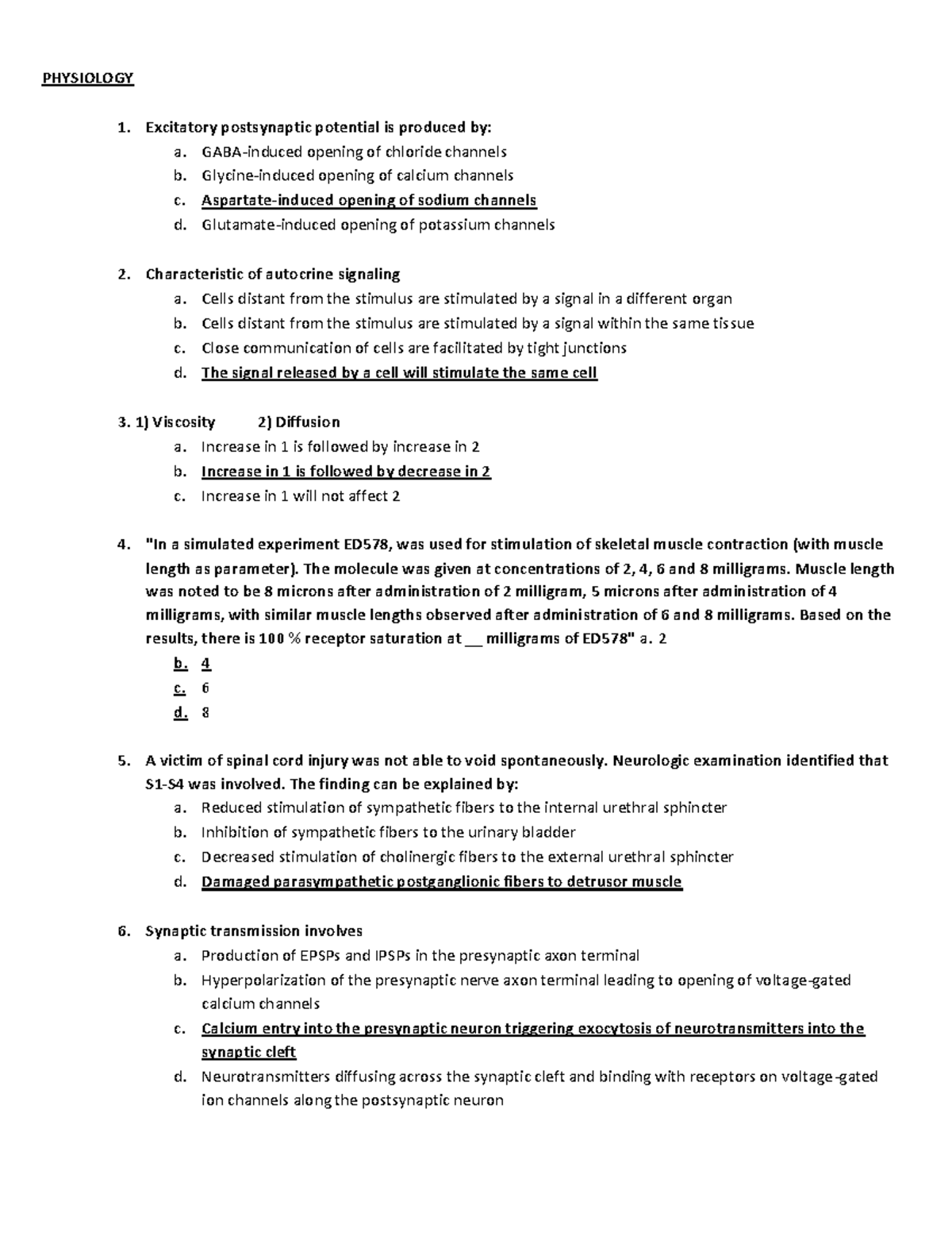 Physiology (practice Exam) - Physiology 1. Excitatory Postsynaptic 