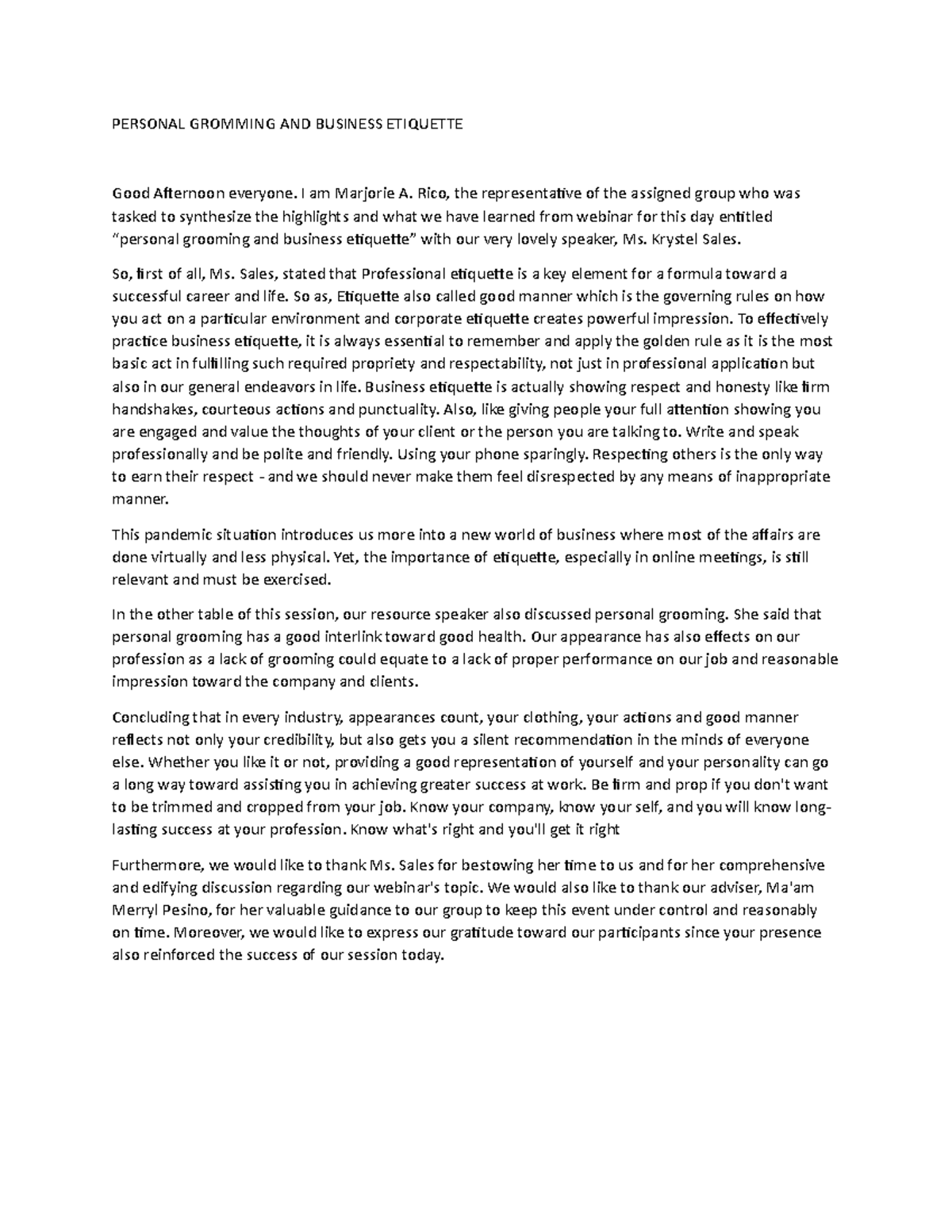 Personal Gromming AND Business Etiquette - PERSONAL GROMMING AND ...