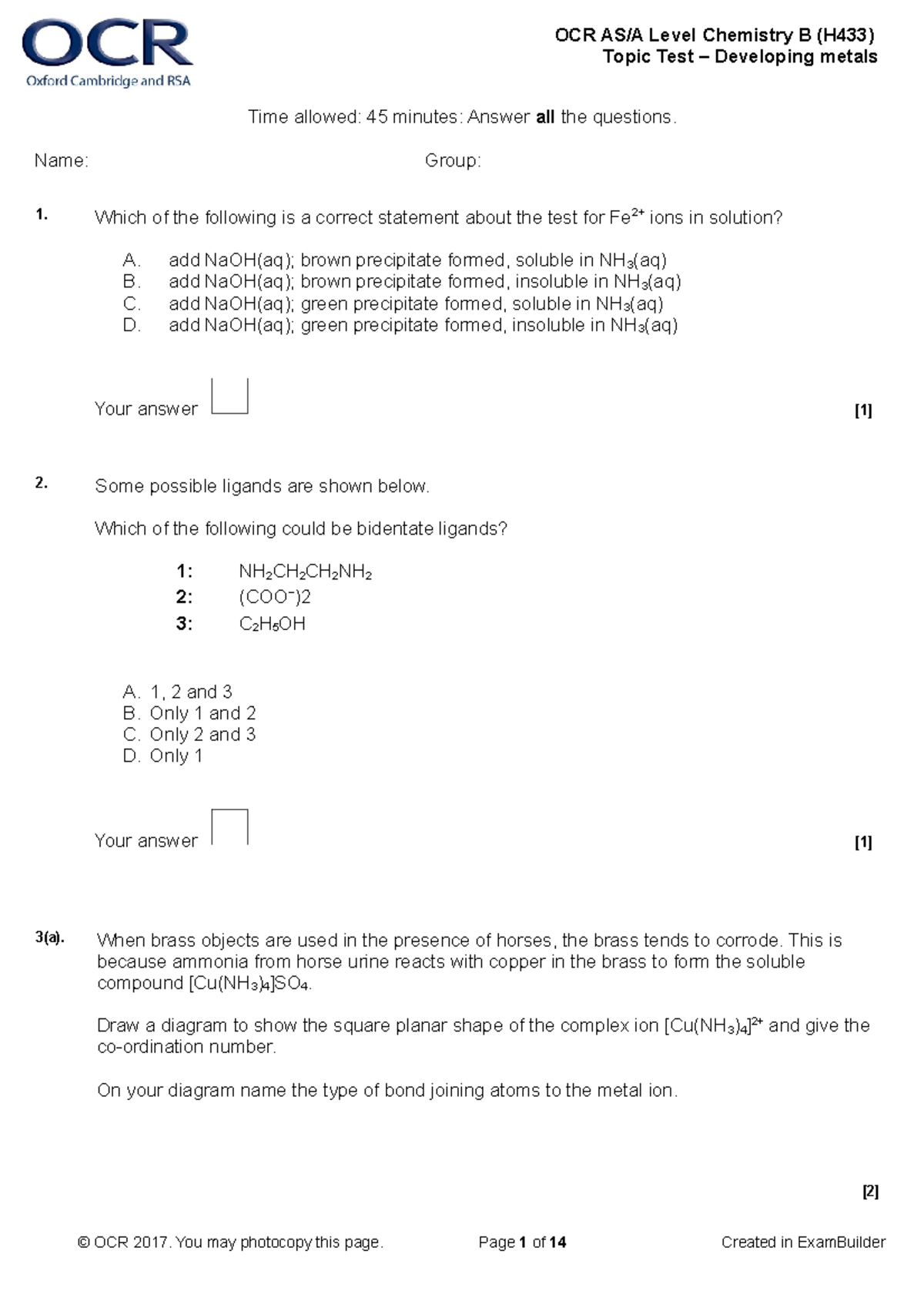 09. GCE A Level Chemistry B Topic Test - Developing Metals - Time ...