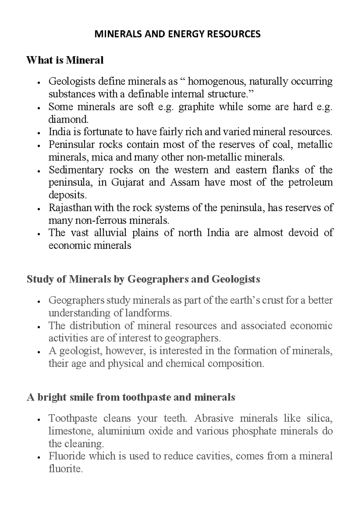 Class X Minerals AND Energy Resources - MINERALS AND ENERGY RESOURCES ...