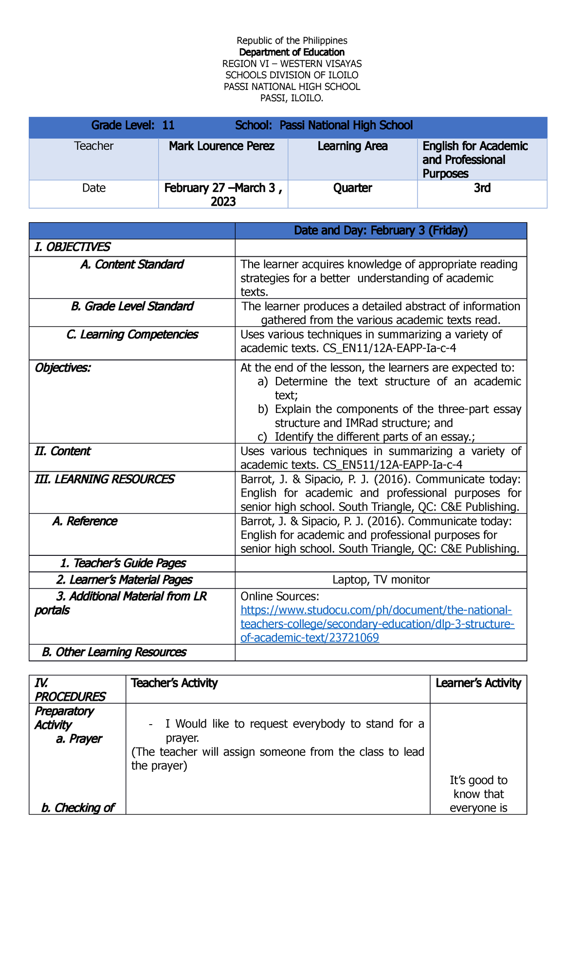 Structures of Academic Text - Republic of the Philippines Department of ...