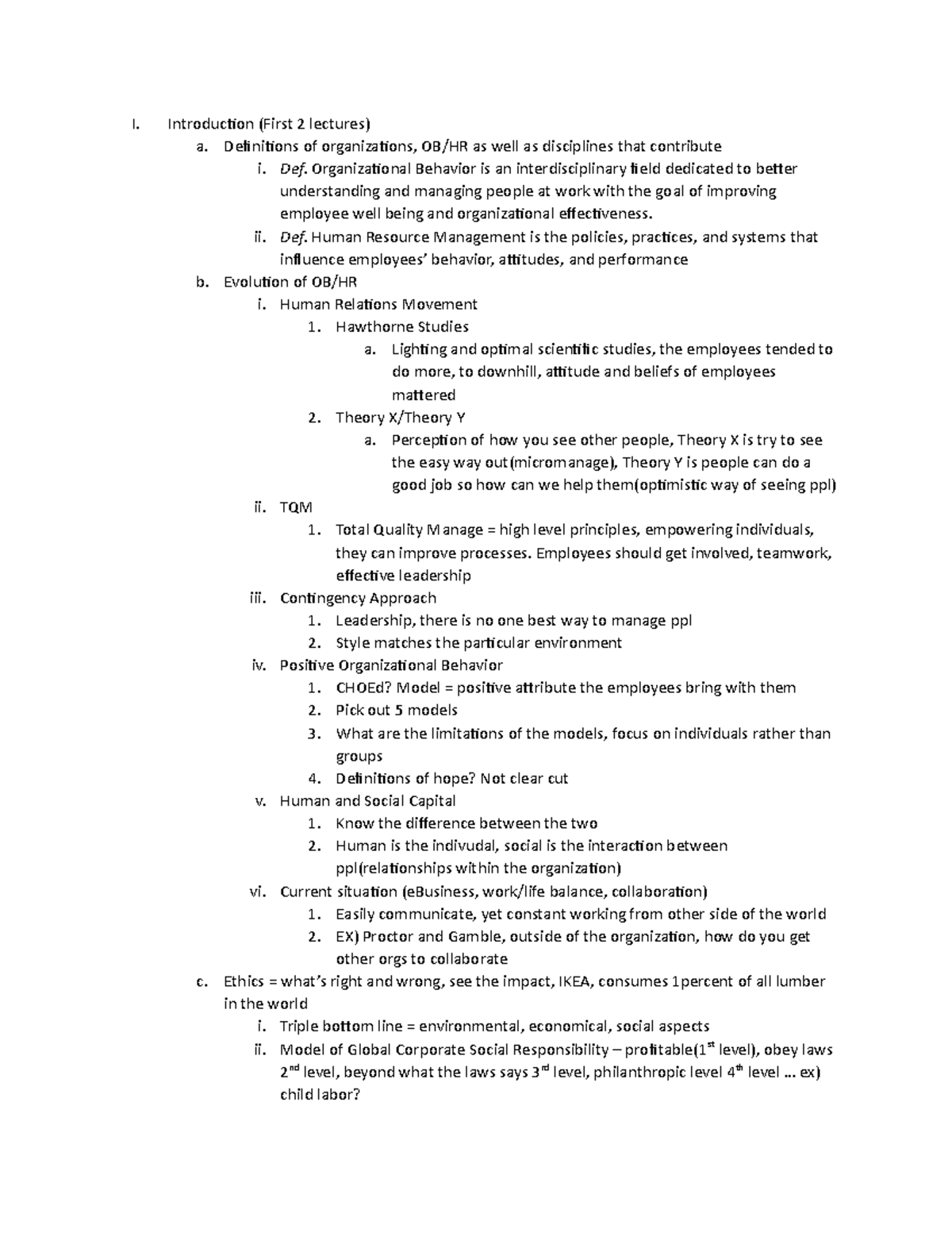 Exam Study Guide - I. Introduction (First 2 lectures) a. Definitions of ...