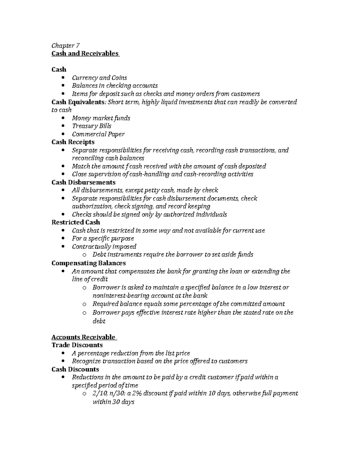 Ch 7 Acctg 471 - accounting 472 lecture notes - Chapter 7 Cash and ...