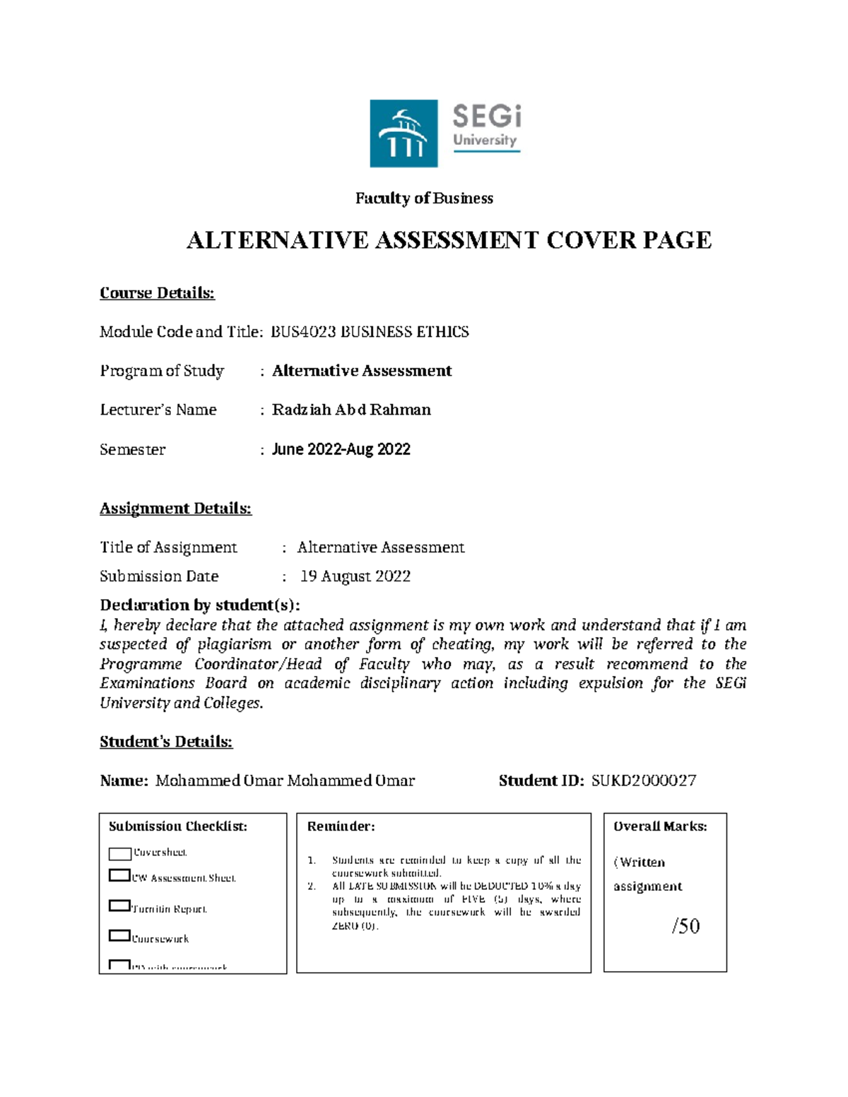Ethics - Omar - Faculty of Business ALTERNATIVE ASSESSMENT COVER PAGE ...