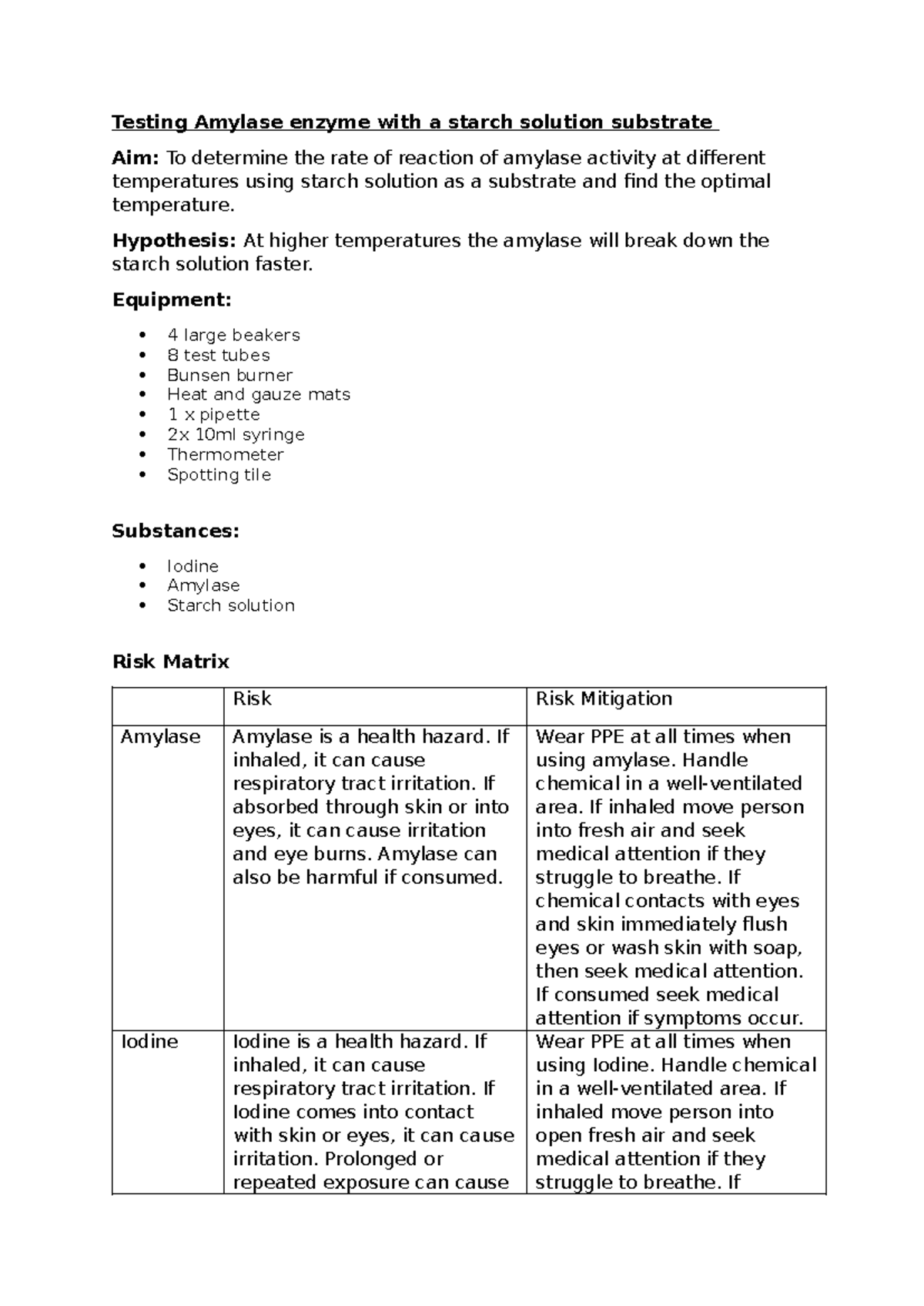 Testing Amylase enzyme with a starch solution substrate - Hypothesis ...