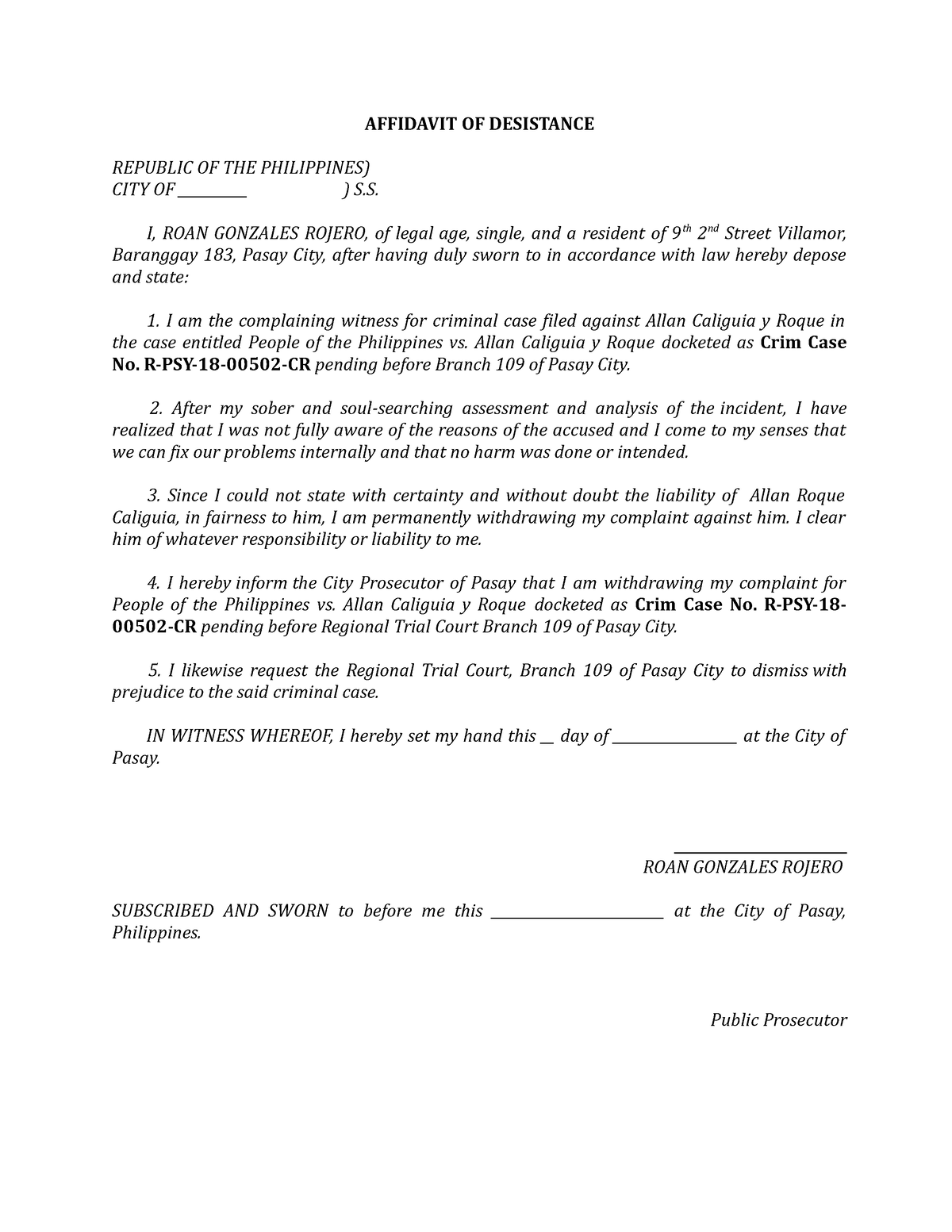 Affidavit Of Desistance Sample Affidavit Of Desistance Republic Of The Philippines City Of 0267