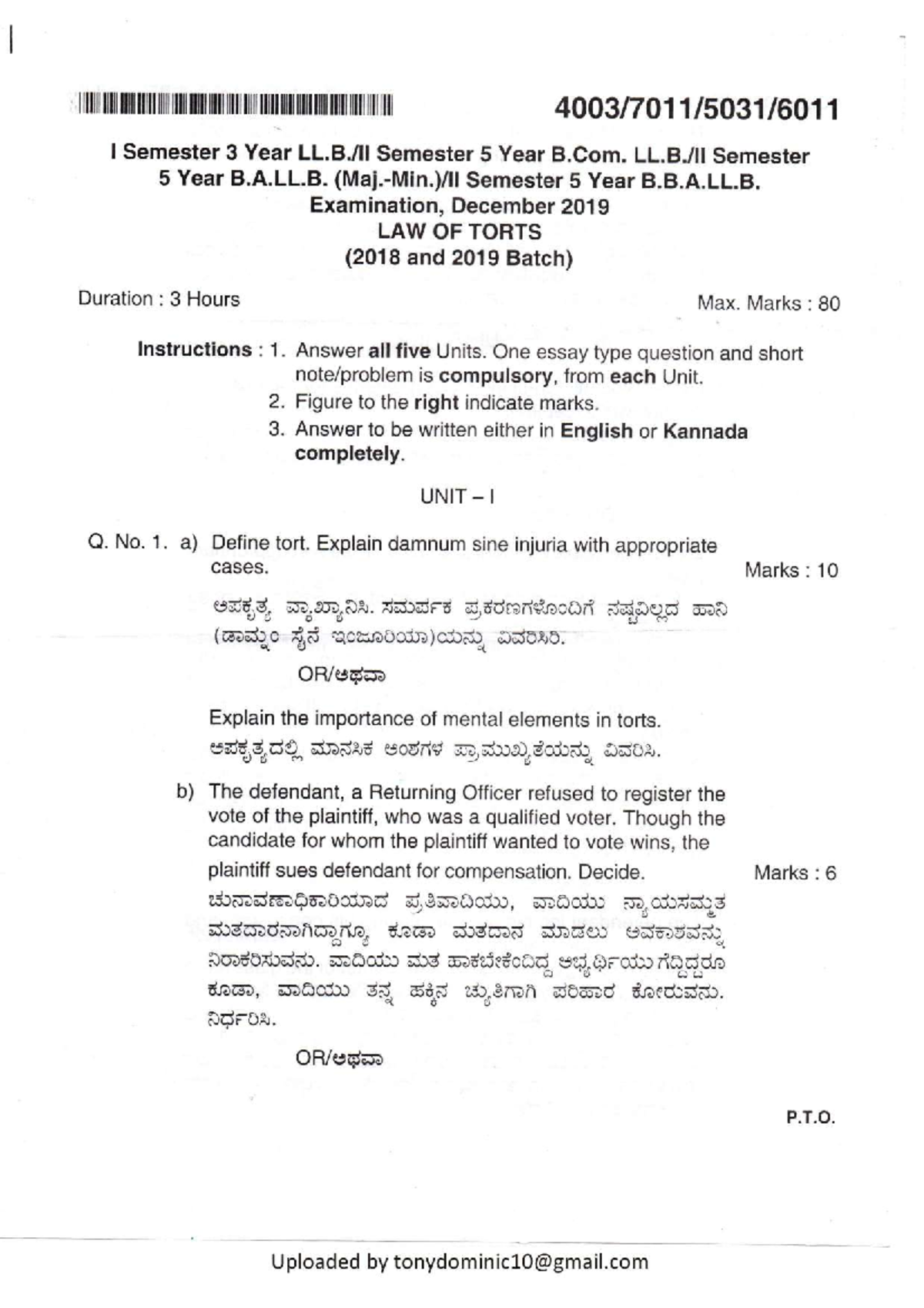 Exam, Questions - Law Of Torts - Studocu