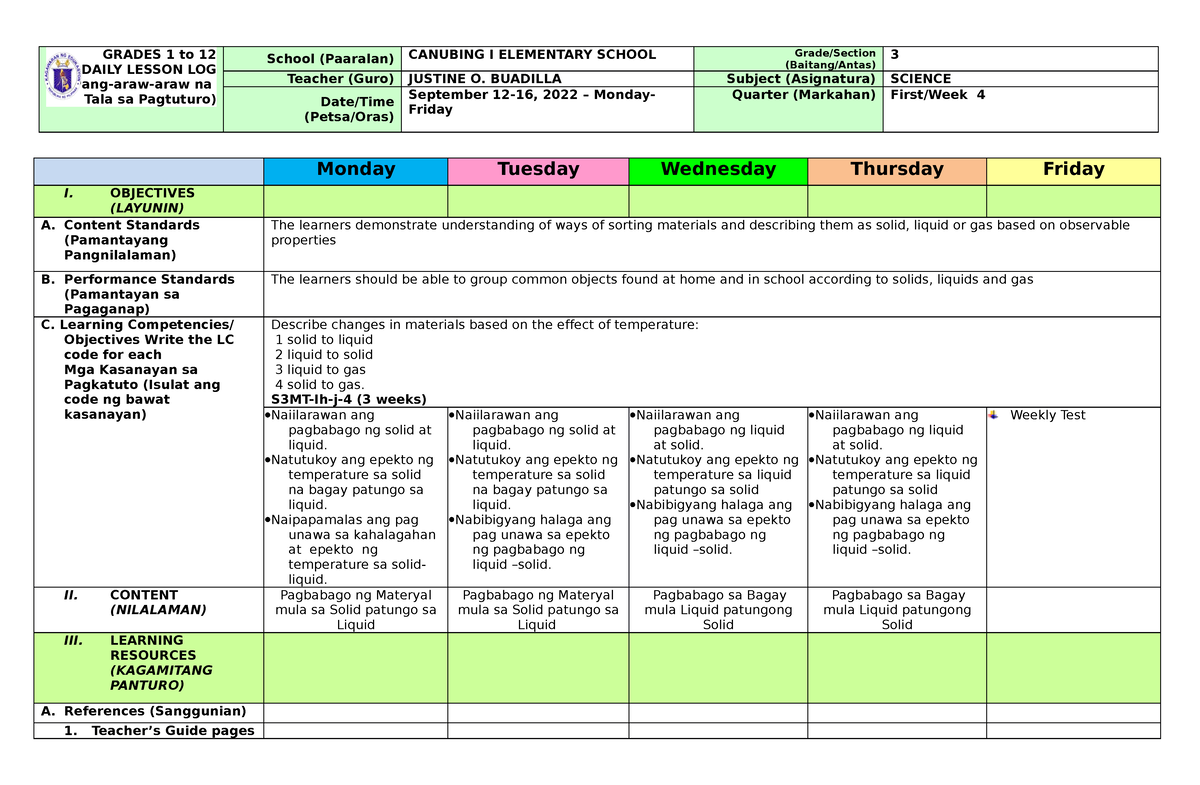 Q1 W4 G3SCI - DAILY LESSON LOG - GRADES 1 To 12 DAILY LESSON LOG (Pang ...