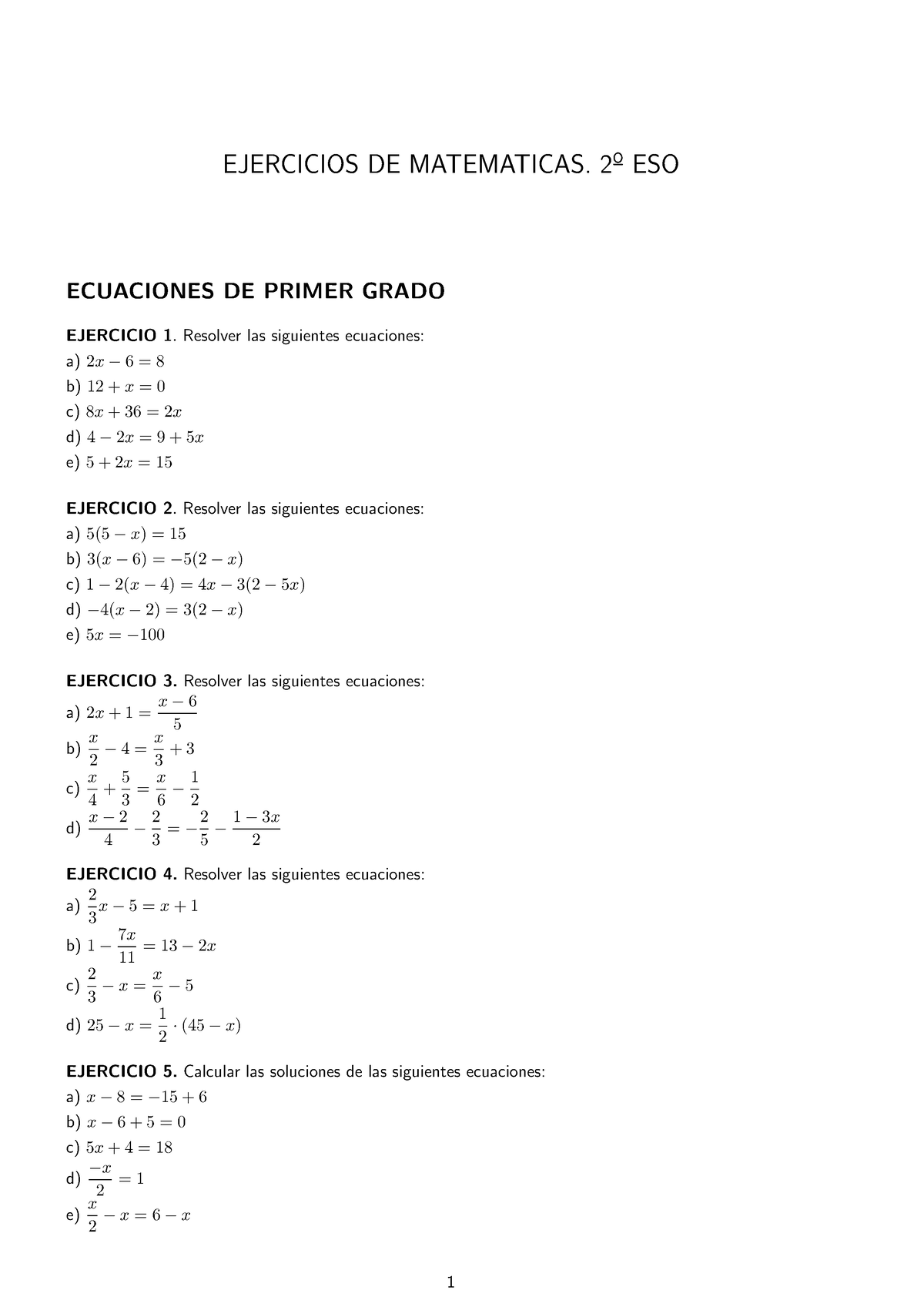 Ecuaciones Primer Grado Ejercicios De Matematicas 2º Eso Ecuaciones De Primer Grado Ejercicio