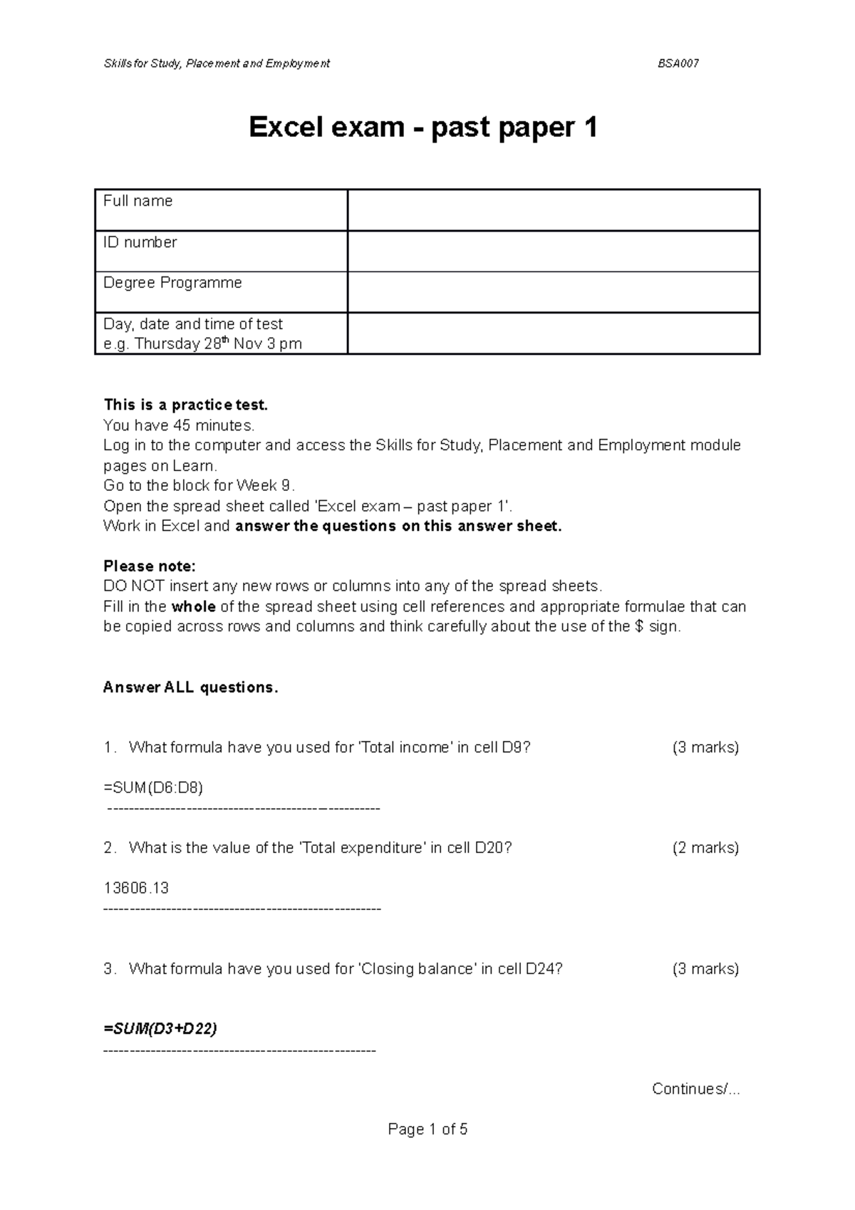 EXCEL Exam PP1 ANS - Excel exam - past paper 1 Full name ID number ...