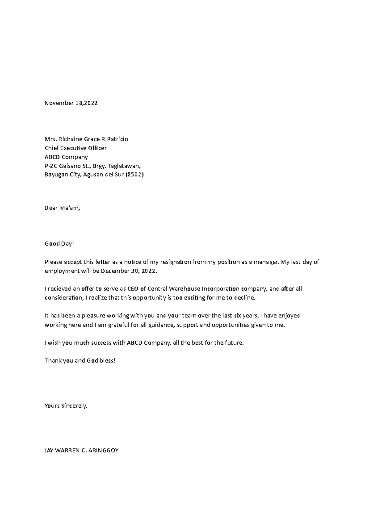 Application Letter - Aringgoy - November 18, Mrs. Richaine Grace P ...