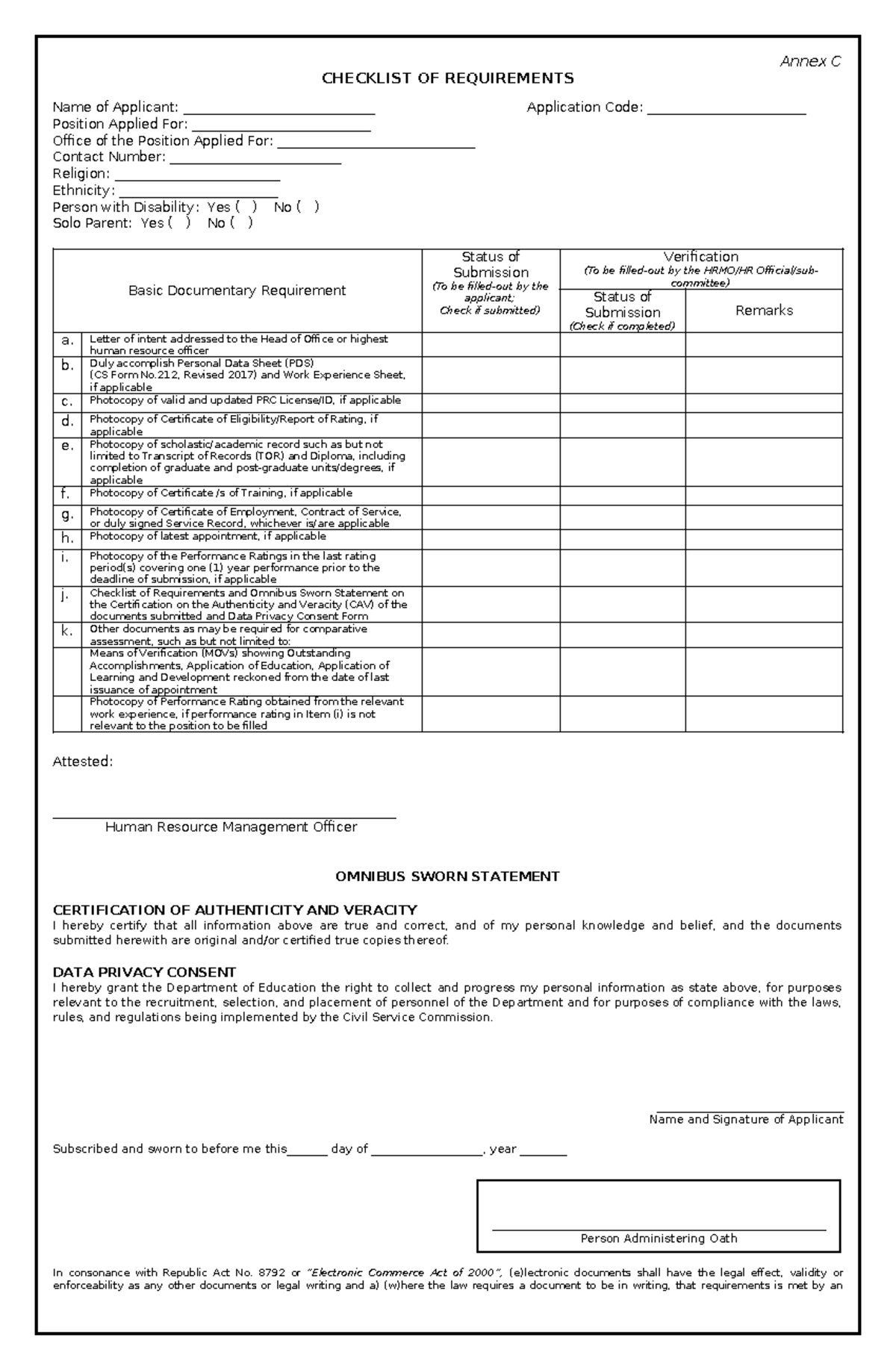 Checklist OF Requirements Omnibus 2023 1 - Annex C CHECKLIST OF ...