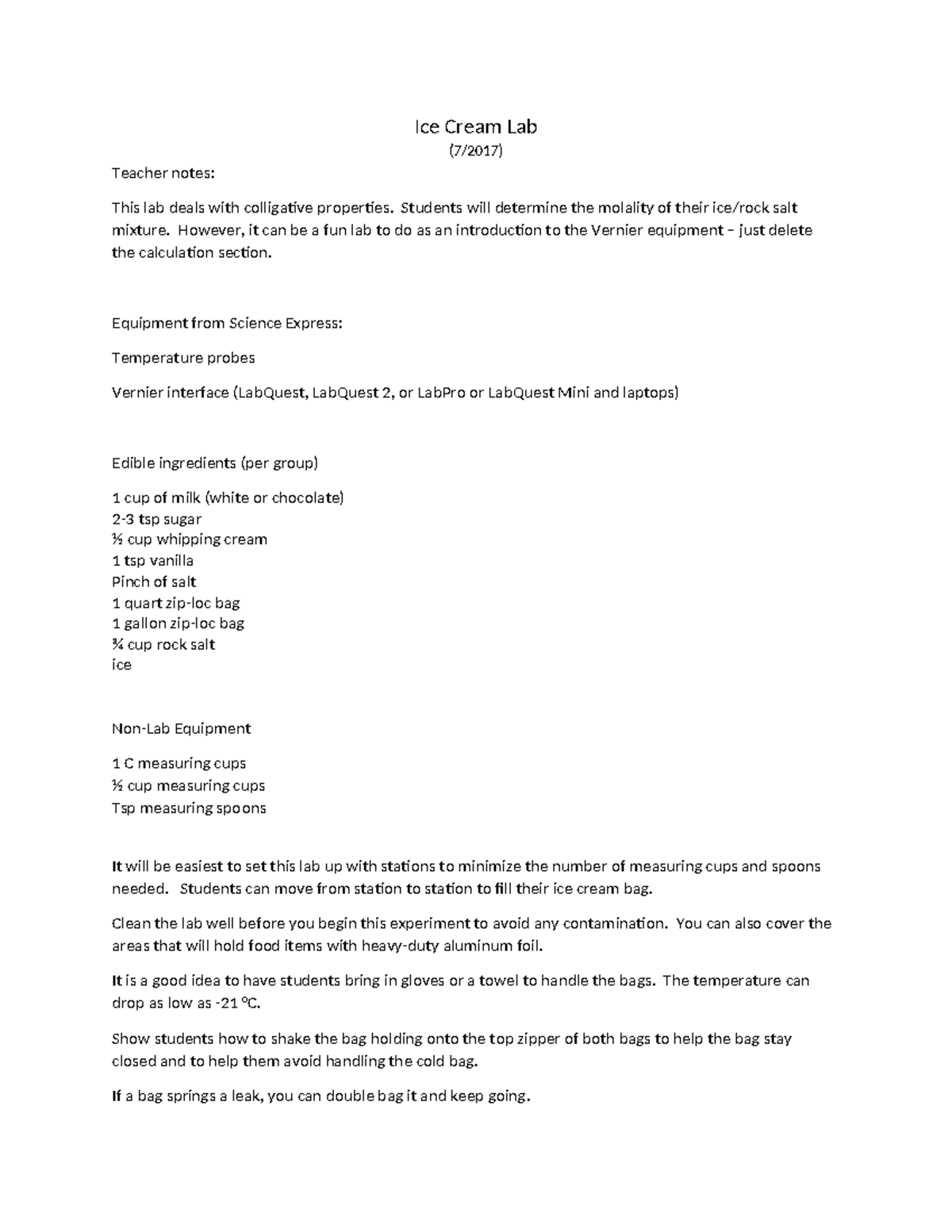 Ice Cream Lab colligative properties Ice Cream Lab (7/2017) Teacher notes This lab deals