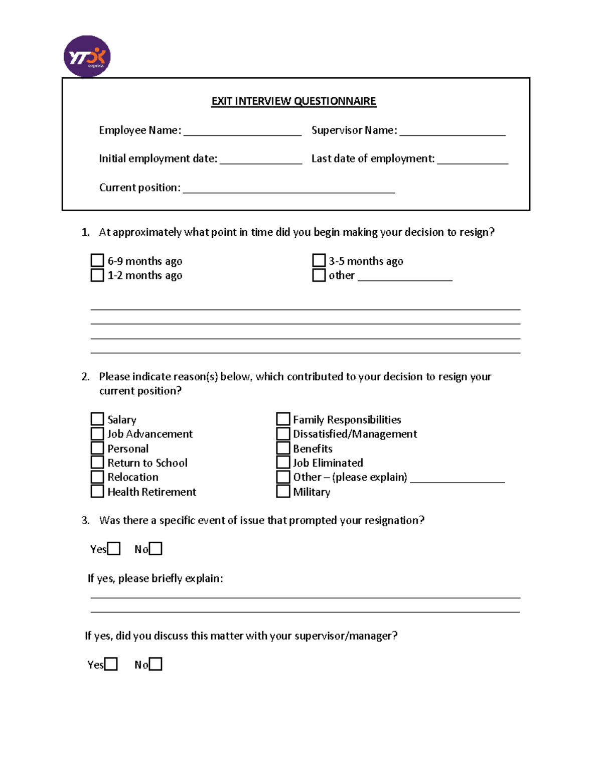 Exit Interview Form - pls help - EXIT INTERVIEW QUESTIONNAIRE Employee ...