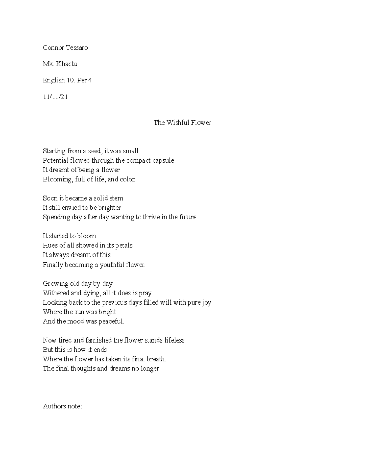 Draft poem Google Docs Connor Tessaro Mx. Khactu English 10. Per 4