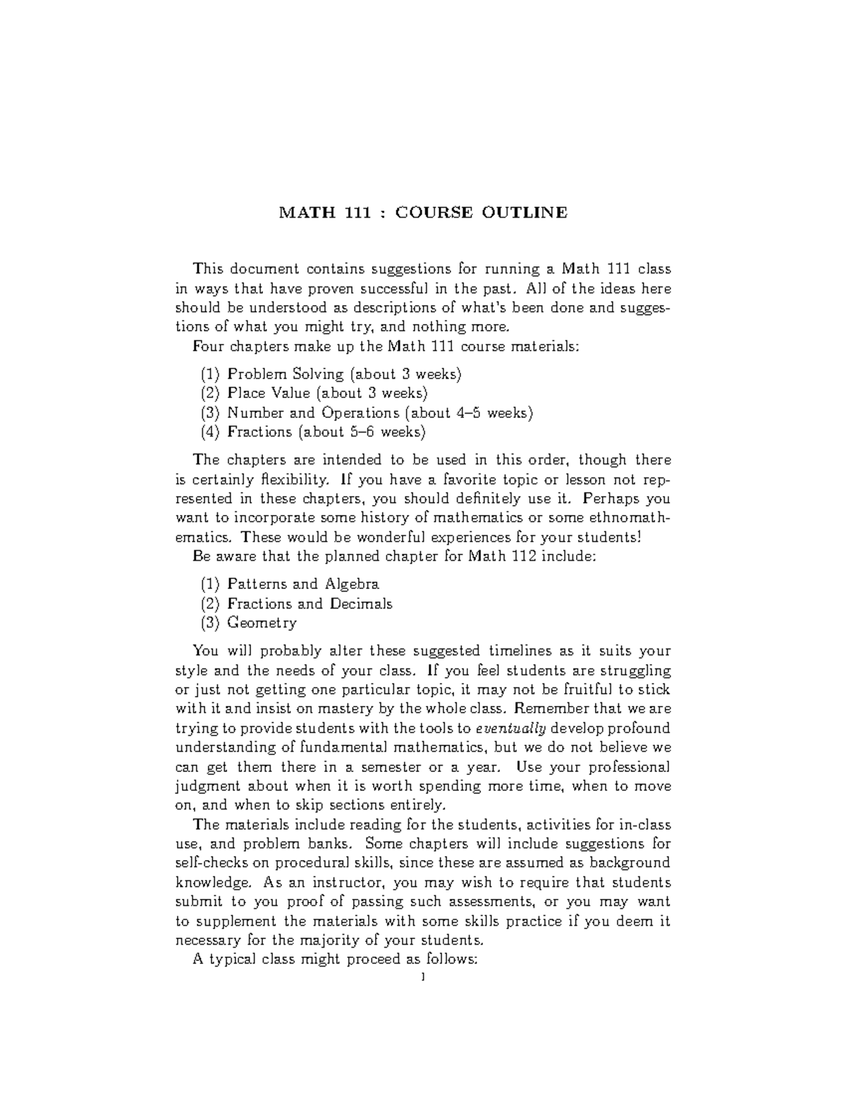 Math111 Instructor - This document contains suggestions for running a ...
