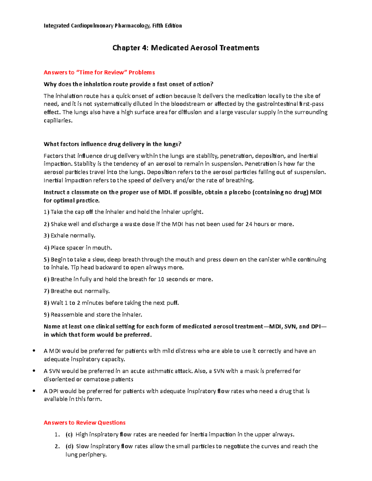 Chapter 4-Answers - Medical Aerosol Treatment Questions And Answers ...