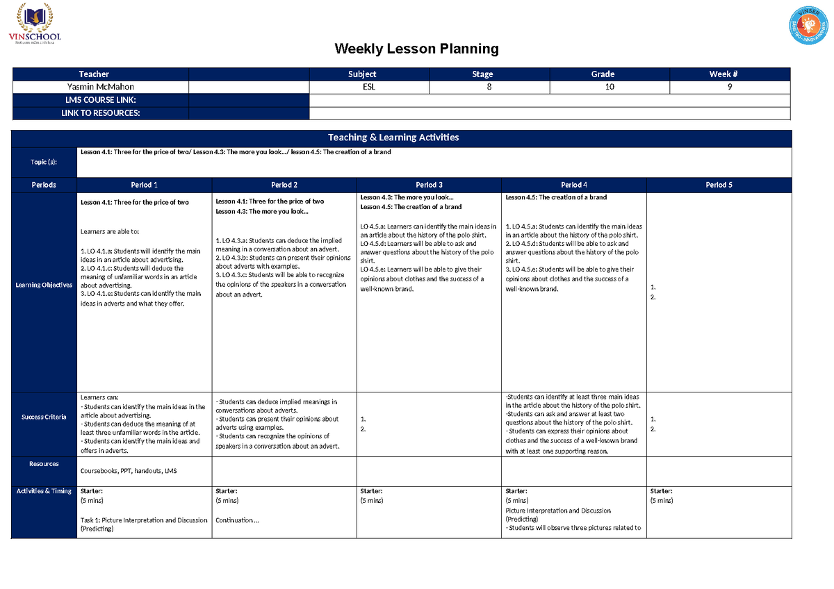 Week 9 Lesson Plan - english below - Teacher 🧑‍🏫 Subject 🎒 Stage 🪜 ...