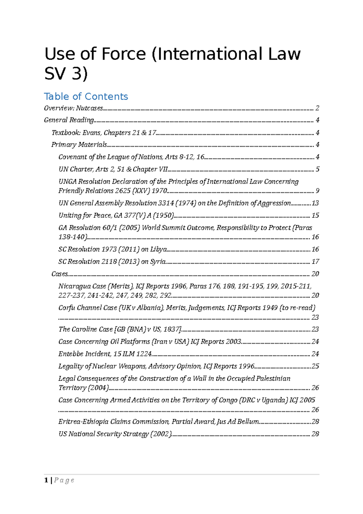 International Law Supervision 3 Notes Use of Force Use of Force (International Law SV 3) Table