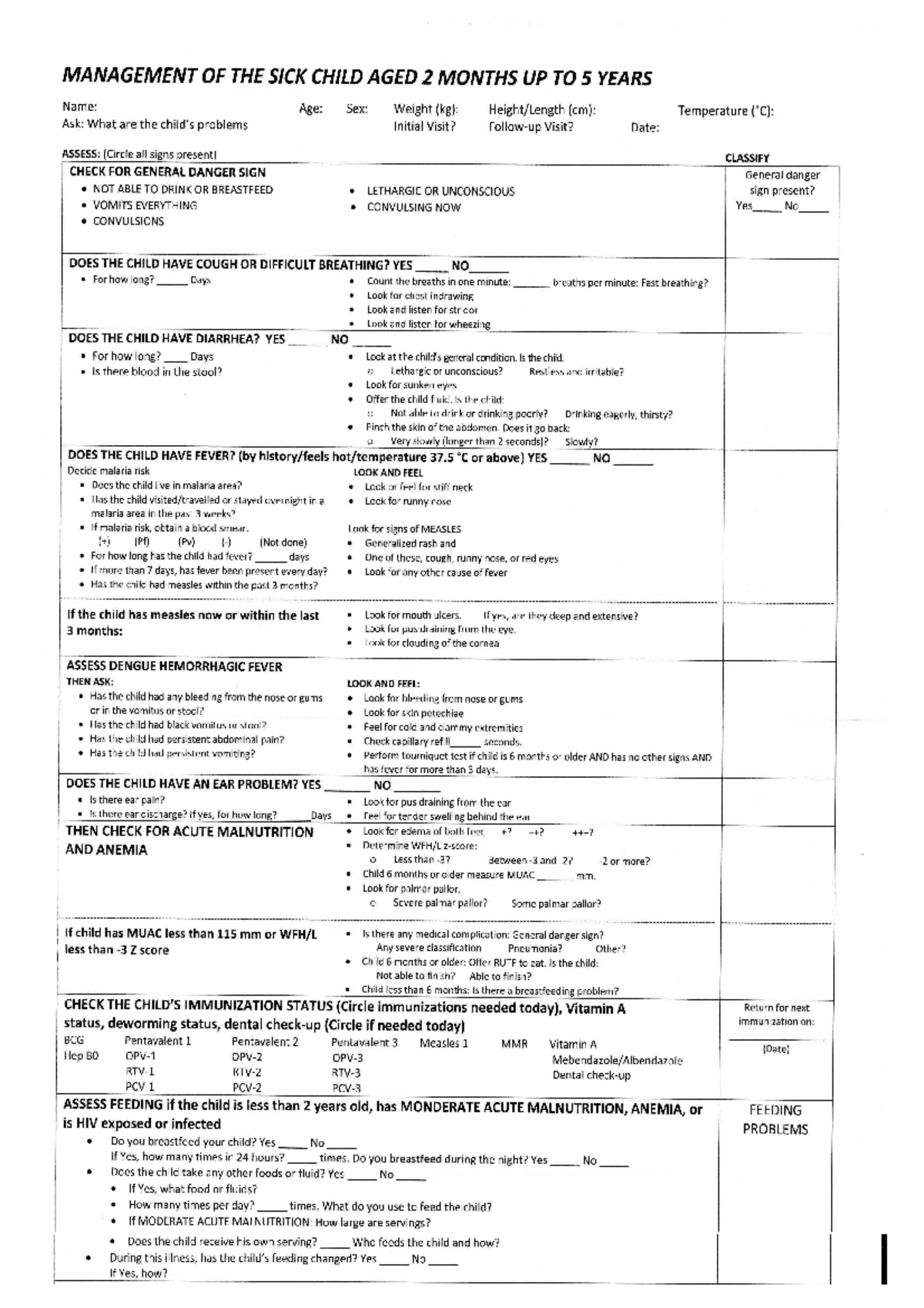 INTEGRATED MANAGEMENT OF CHILDHOOD ILLNESSES FRONT PAGE (ASSESSMENT ...