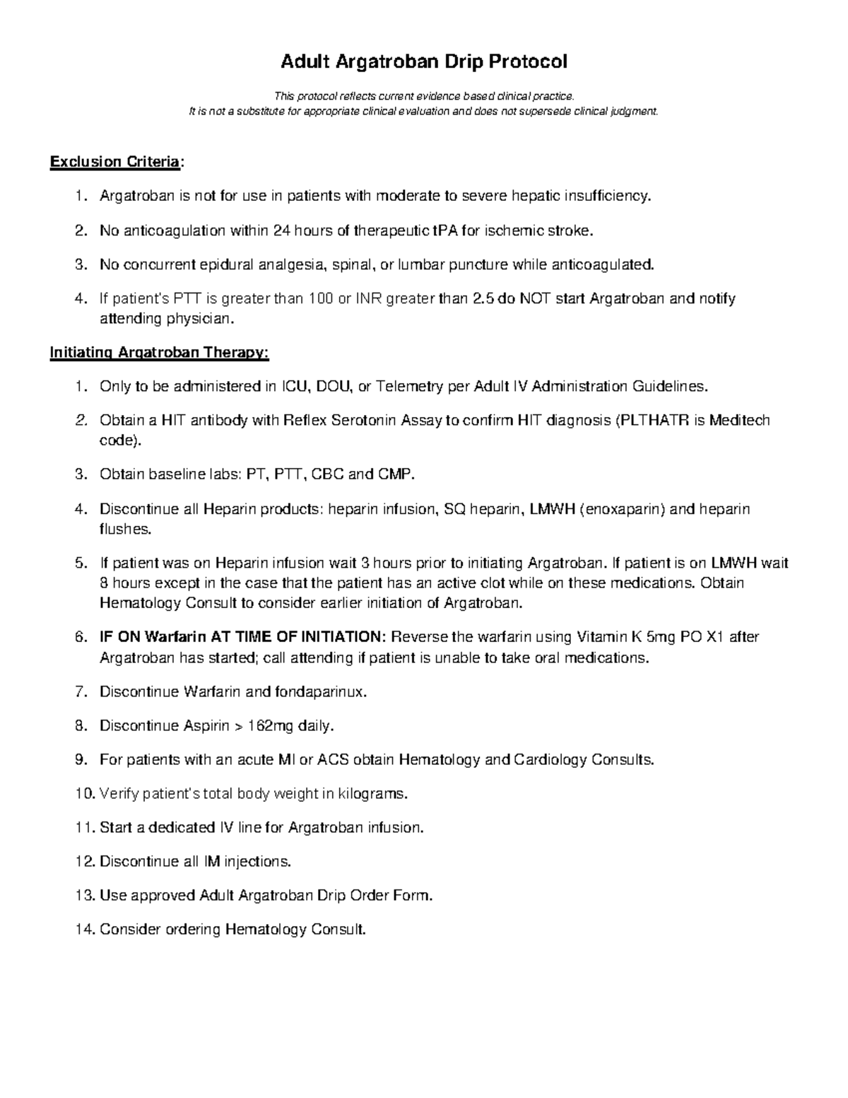 Argatroban gtt Protocol - Adult Argatroban Drip Protocol It is not a ...