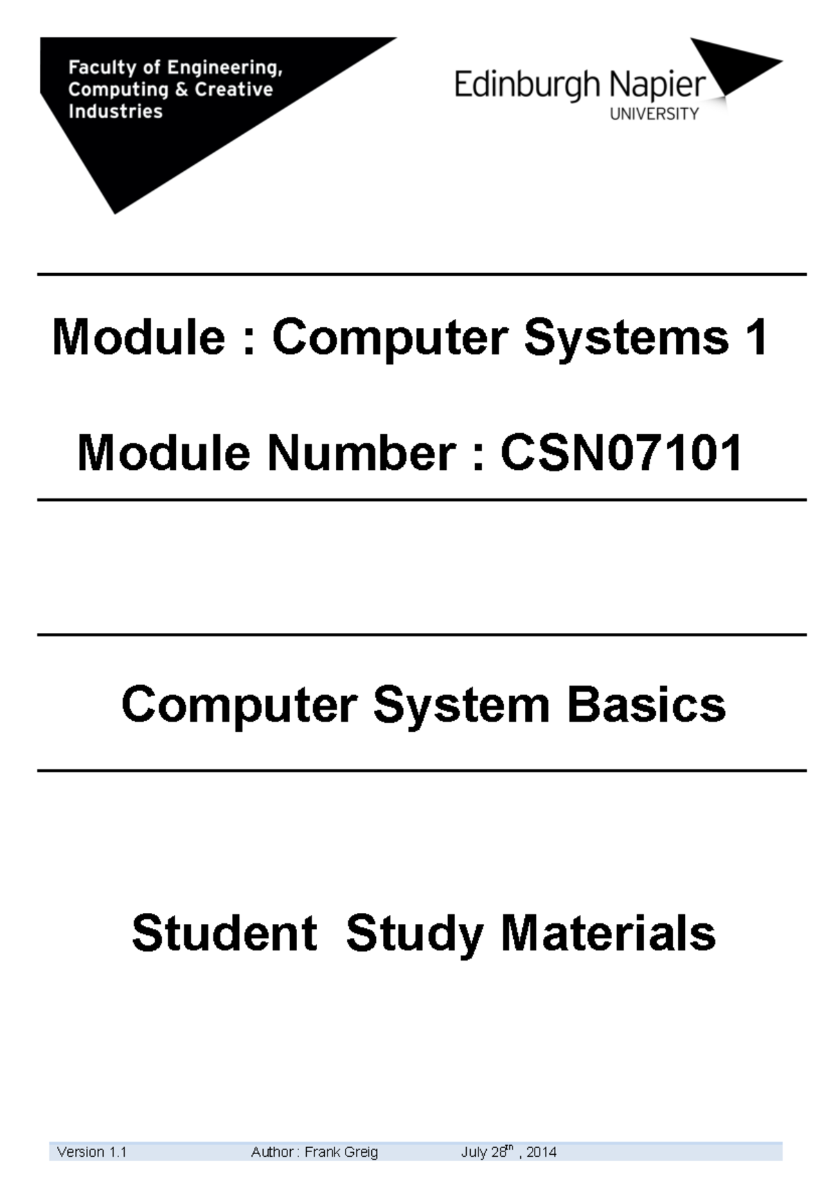 Computer Systems Basics - Module : Computer Systems 1 Module Number ...
