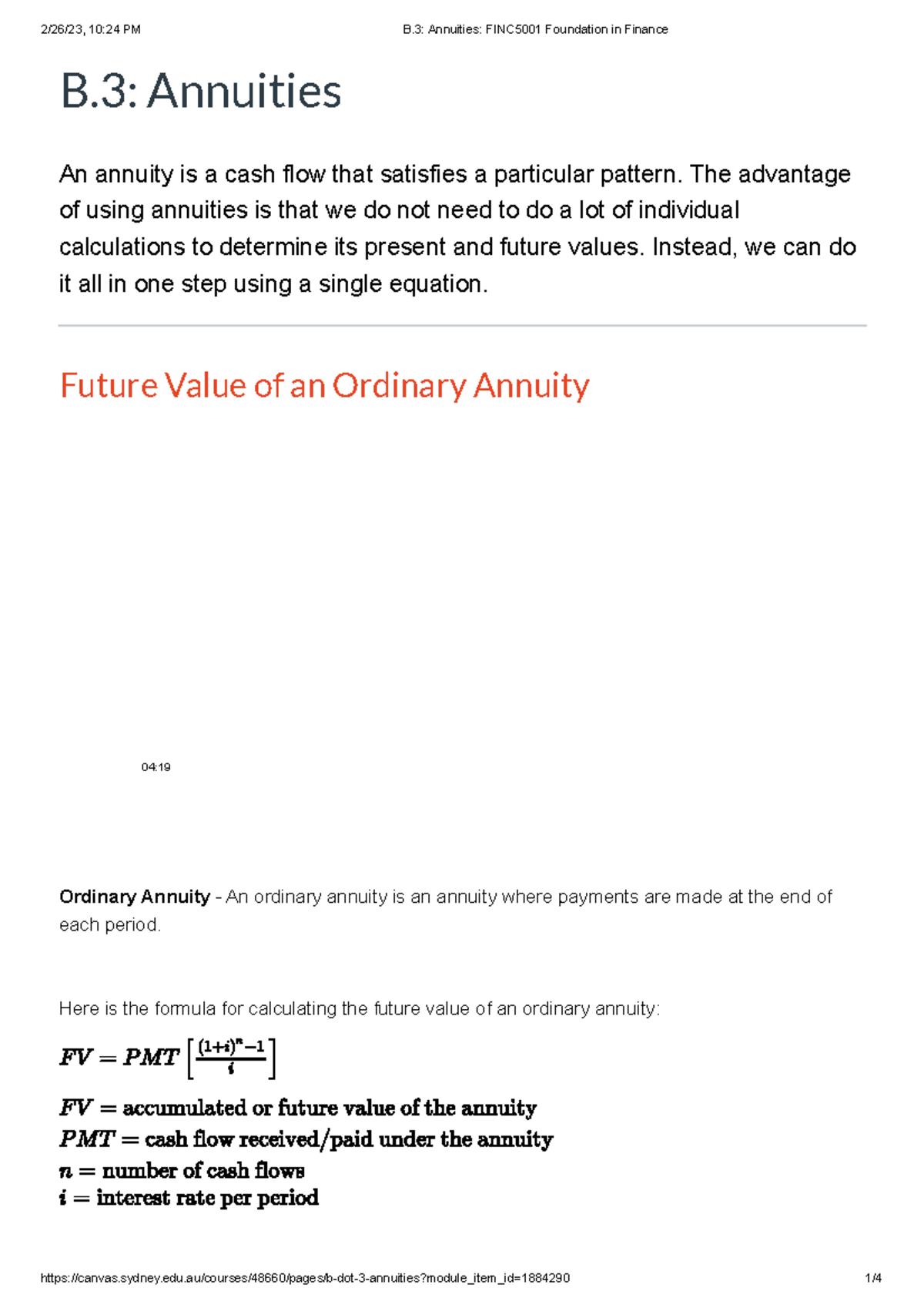 B.3 Annuities FINC5001 Foundation In Finance - B: Annuities An Annuity ...