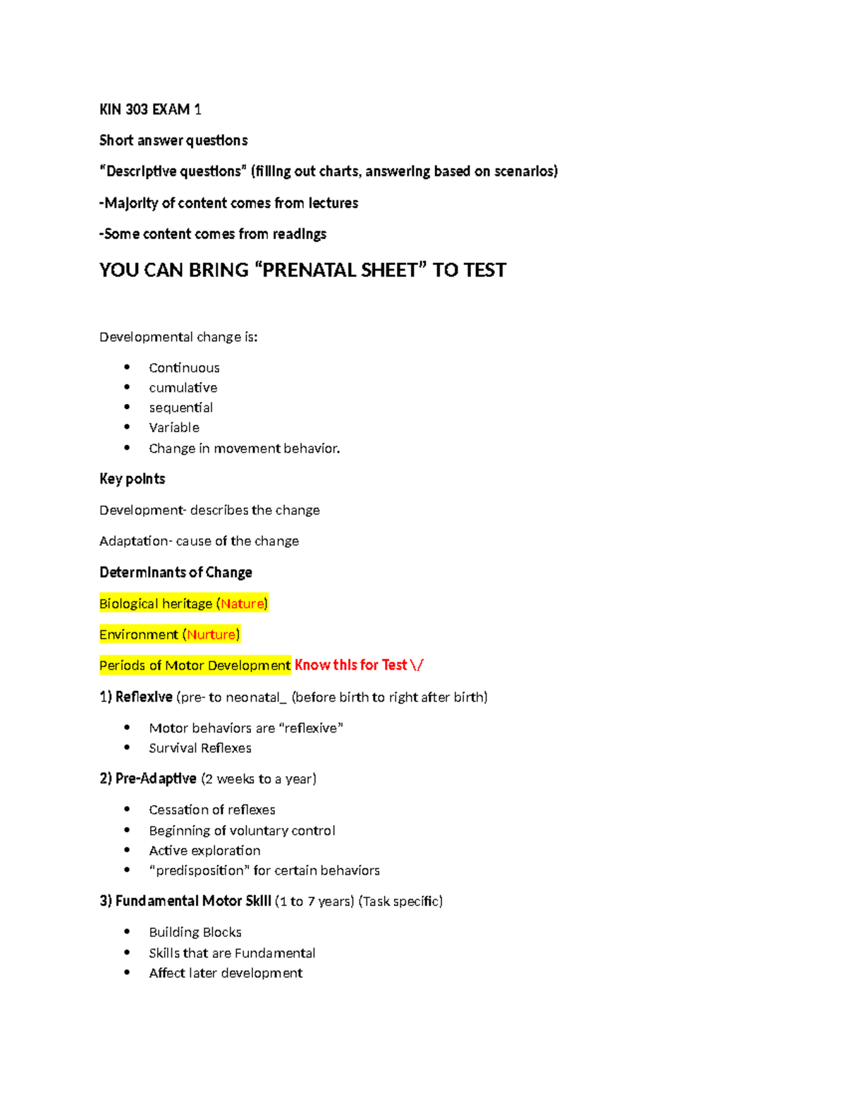 KIN 303 Notes Test 1 - KIN 303 Moran JMU - KIN 303 EXAM 1 Short answer ...