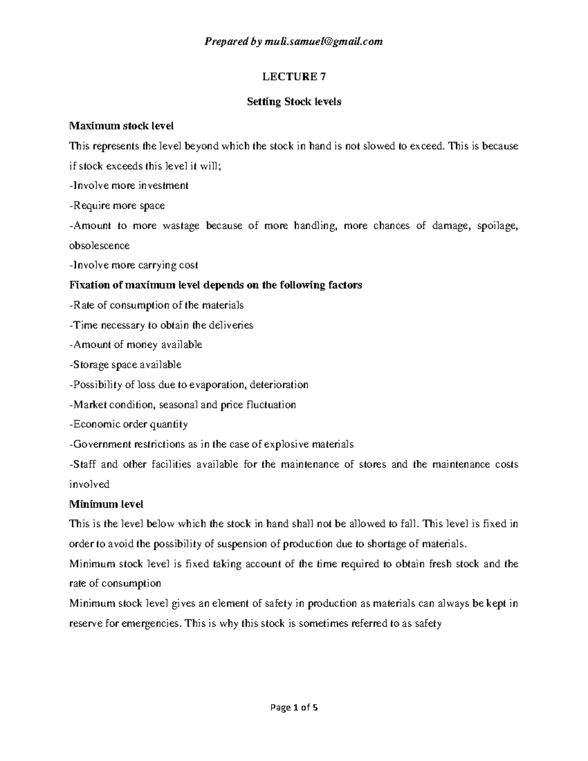 Lecture 7 - Materials management - LECTURE 7 Setting Stock levels ...