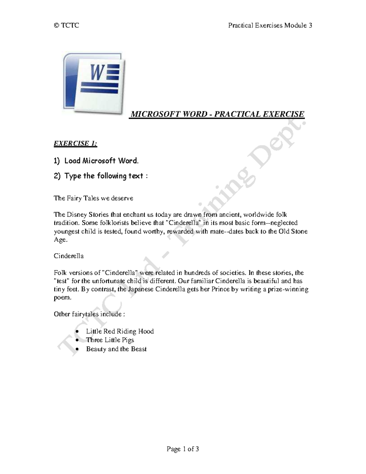 Microsoft WORD Practical Exercise - © TCTC Practical Exercises Module 3 ...