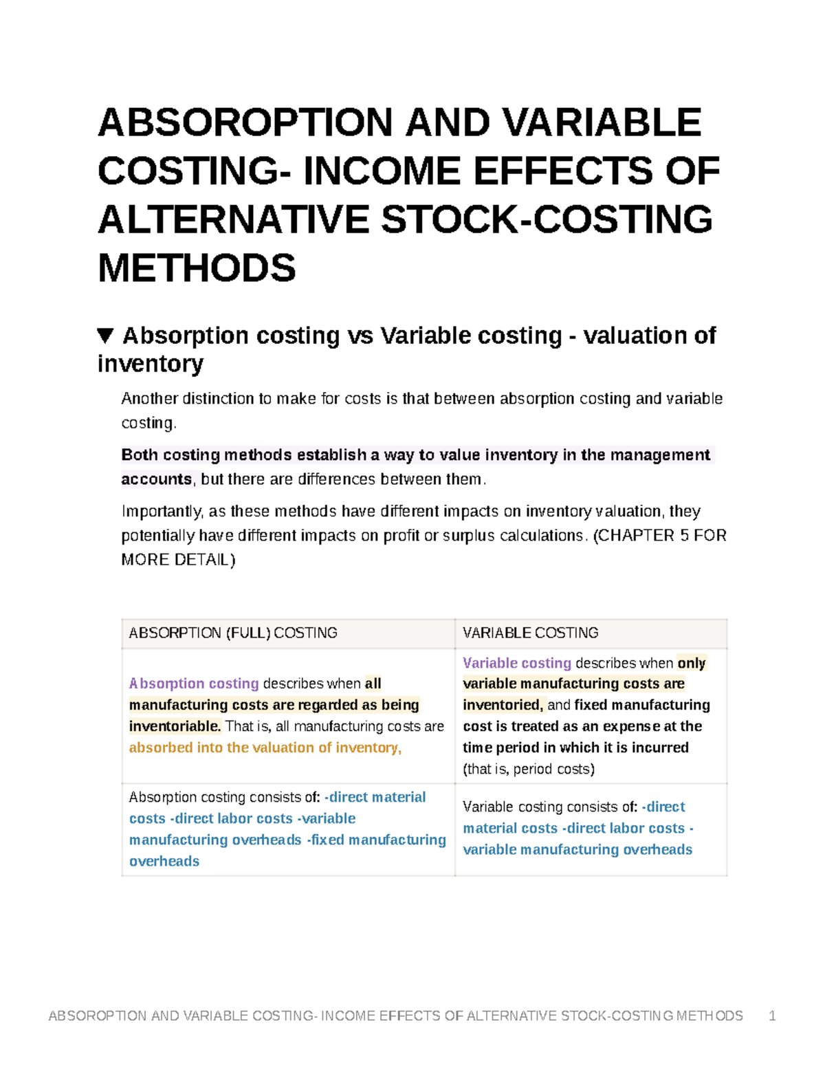 Lecture 2 Absorption and Variable Costing ABSOROPTION AND VARIABLE