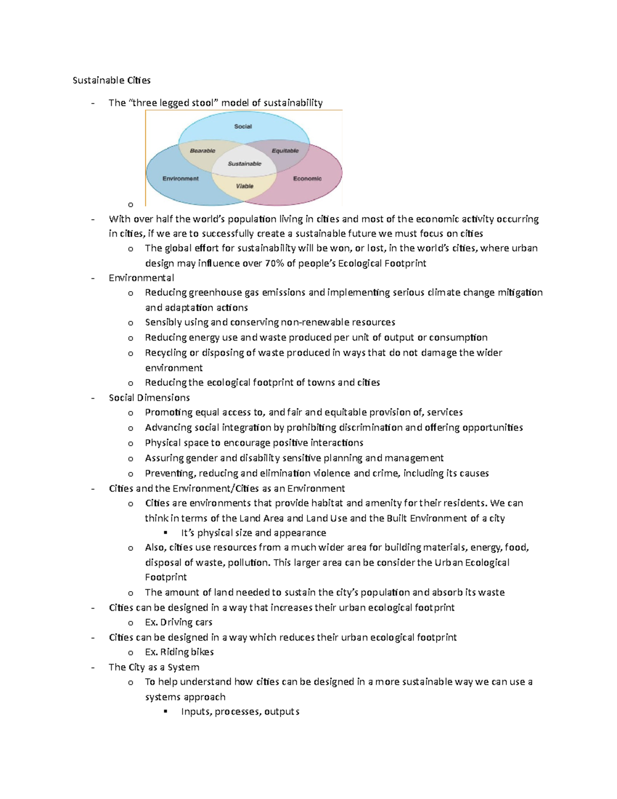 Sustainable Cities Sustainable Cities The “three legged stool” model of sustainability o With
