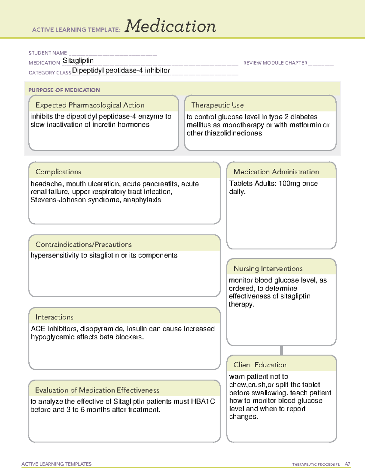 Sitagliptin - Review notes and answers for quiz 1 NURS 306. Notes for ...