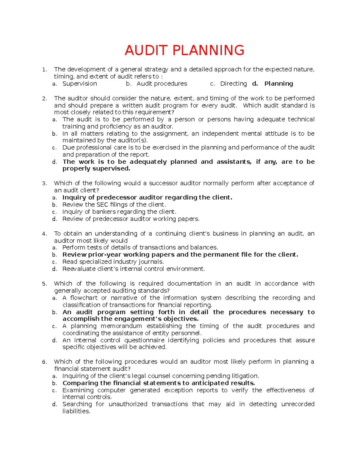 AT Planning QUIZ - test bank - AUDIT PLANNING 1. The development of a ...
